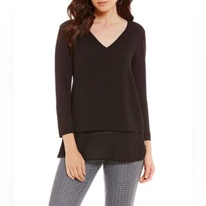MICHAEL Michael Kors Mixed Woven Knit Layered Hem V-Neck 3/4 Sleeve Shirt S